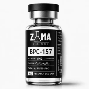 BPC-157 5mg lyophilized research peptide vial with Zama Biosciences label, research use only