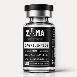 Cagrilintide 10mg lyophilized research peptide vial with Zama Biosciences label, research use only