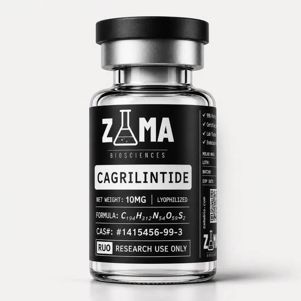 Cagrilintide 10mg lyophilized research peptide vial with Zama Biosciences label, research use only