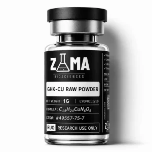 GHK-Cu copper peptide raw powder 1g research compound vial with Zama Biosciences label, research use only
