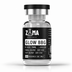 Glow BBG blend 50mg+10mg+10mg lyophilized research peptide vial with Zama Biosciences label, research use only