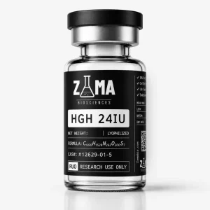 HGH somatropin 24iu lyophilized research compound vial with Zama Biosciences label, research use only
