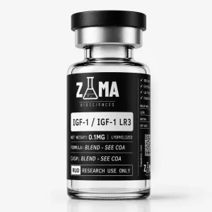 IGF-1 LR3 0.1mg lyophilized research peptide vial with Zama Biosciences label, research use only