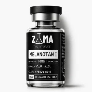 Melanotan I afamelanotide 10mg lyophilized research peptide vial with Zama Biosciences label, research use only