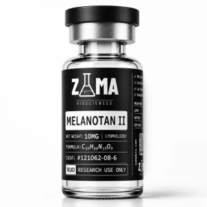 Melanotan II MT-2 10mg lyophilized research peptide vial with Zama Biosciences label, research use only