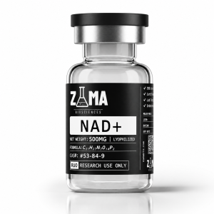 NAD+ lyophilized research compound vial with Zama Biosciences label, research use only
