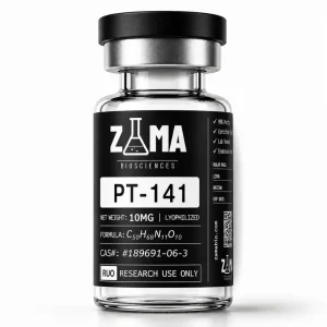 PT-141 bremelanotide 10mg lyophilized research peptide vial with Zama Biosciences label, research use only