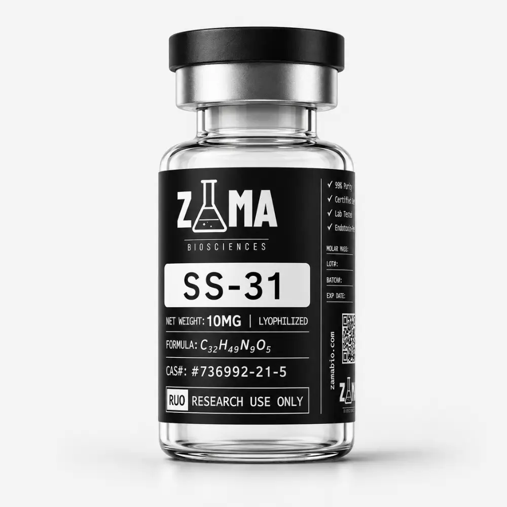 SS-31 elamipretide 10mg lyophilized research peptide vial with Zama Biosciences label, research use only