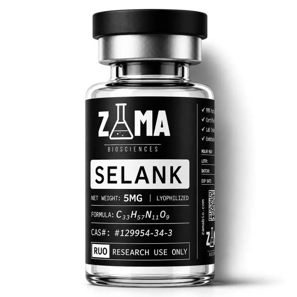 Selank 5mg lyophilized research peptide vial with Zama Biosciences label, research use only