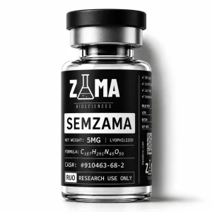 SemZama semaglutide 5mg lyophilized research peptide vial with Zama Biosciences label, research use only