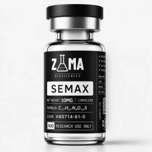 Semax 10mg lyophilized research peptide vial with Zama Biosciences label, research use only