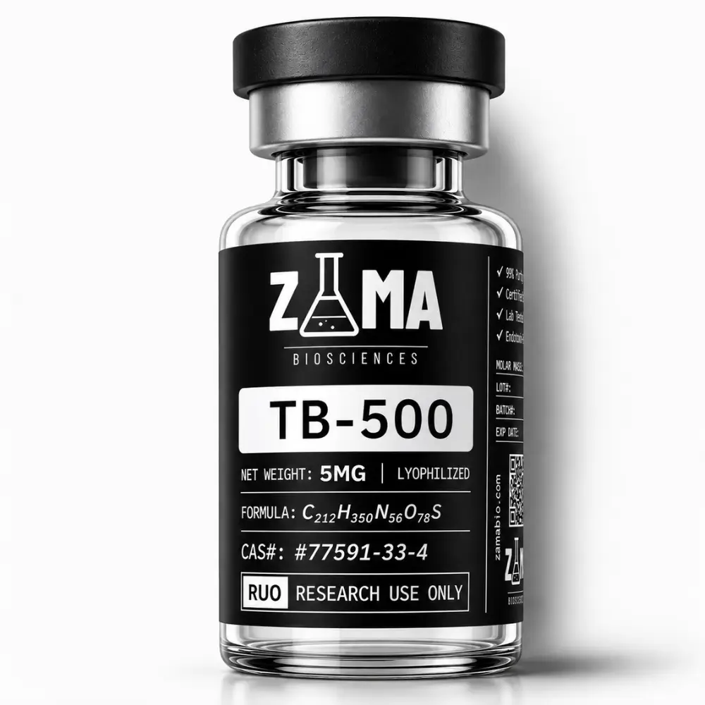 TB-500 thymosin beta-4 5mg lyophilized research peptide vial with Zama Biosciences label, research use only