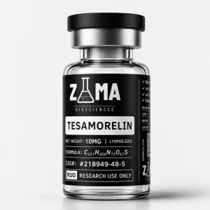 Tesamorelin 10mg lyophilized research peptide vial with Zama Biosciences label, research use only