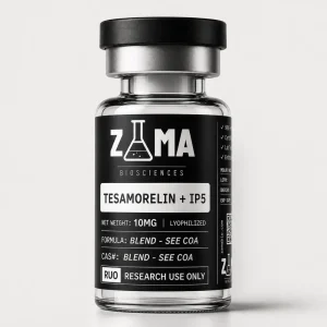 Tesamorelin and IP5 blend 10mg lyophilized research peptide vial with Zama Biosciences label, research use only