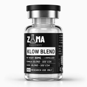 KLOW peptide 80mg blend of GHK-Cu, BPC-157, TB-500 and KPV lyophilized research peptide vial with Zama Biosciences label, research use only