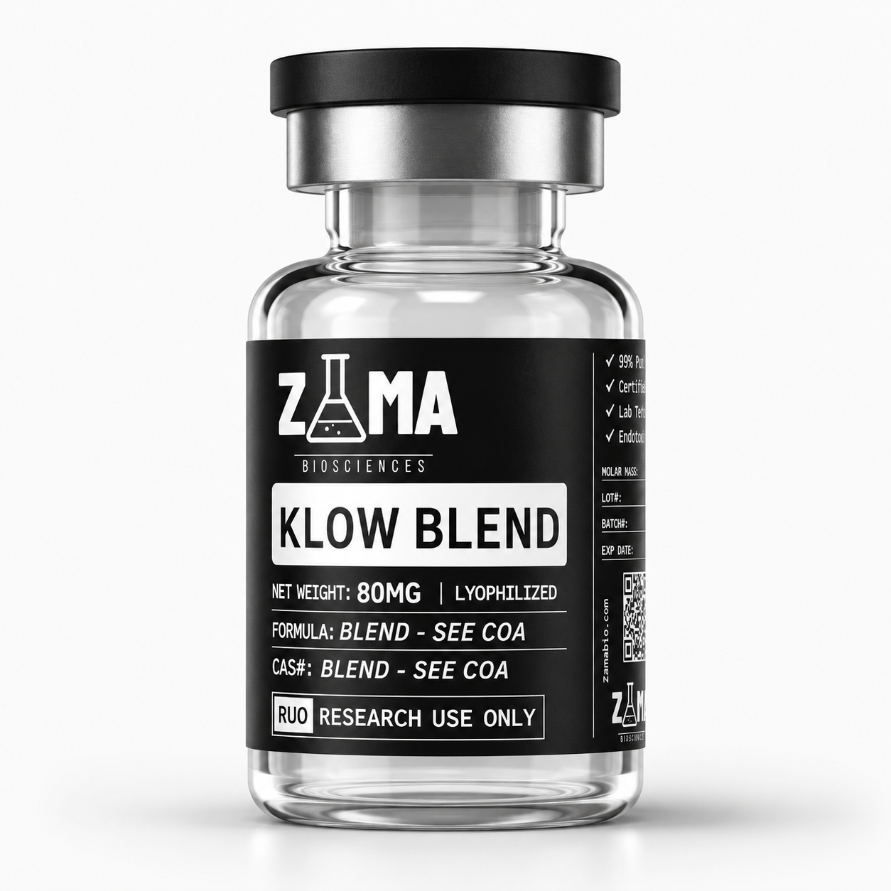 KLOW peptide 80mg blend of GHK-Cu, BPC-157, TB-500 and KPV lyophilized research peptide vial with Zama Biosciences label, research use only