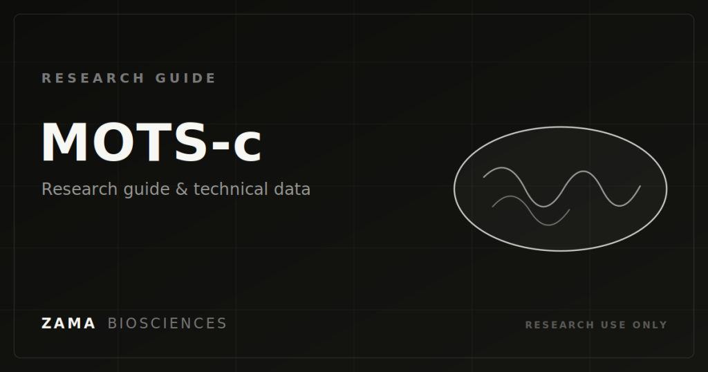 MOTS-c research guide featured graphic with a mitochondria motif, Zama Biosciences research library