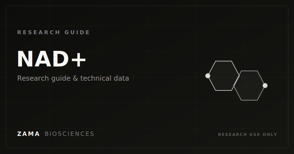 NAD+ research guide featured graphic with a molecular ring motif, Zama Biosciences research library