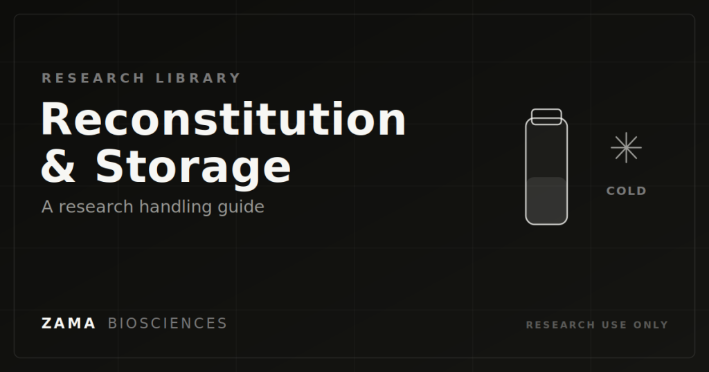 Peptide reconstitution and storage guide featured graphic with a vial and cold-storage motif, Zama Biosciences research library