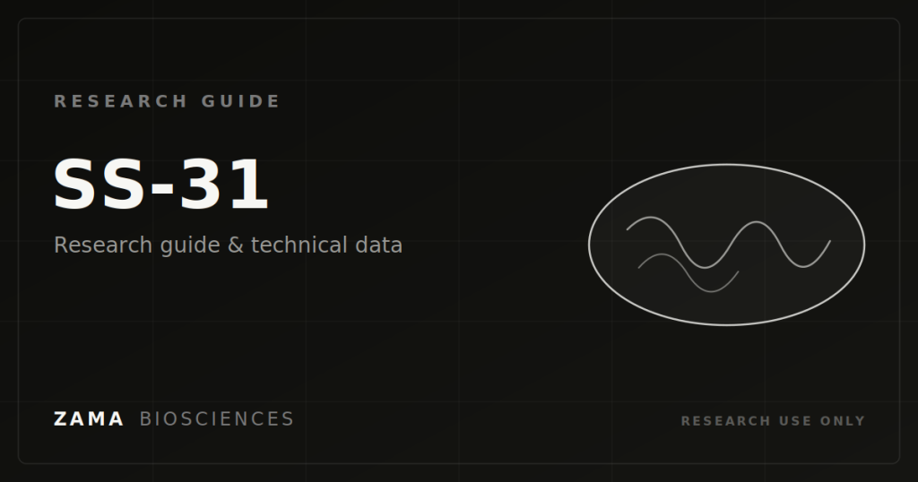 SS-31 (Elamipretide) research guide featured graphic with a mitochondria motif, Zama Biosciences research library